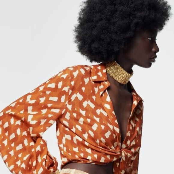 MNWT ZARA Linen Blend Geometric Print Boho Long Sleeve Crop Top Terracott… - Picture 2 of 11